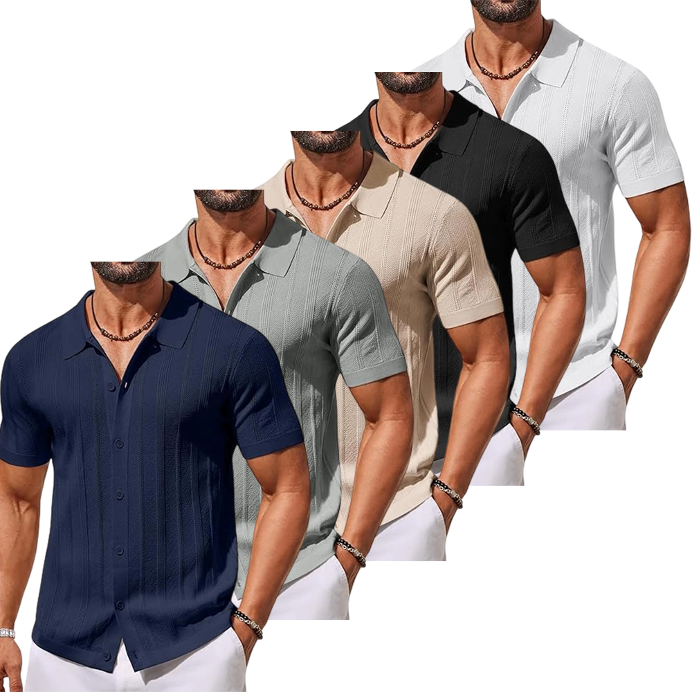 Men's Knit Button Down Shirts Short Sleeve Polo Shirt Casual Vacation Summer Beach Shirts