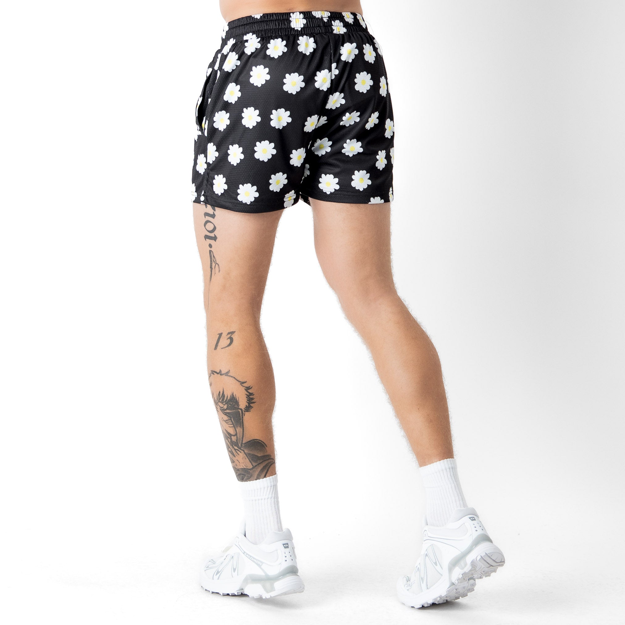 MUAY THAI SHORTS (MID THIGH CUT) DAISY - BLACK