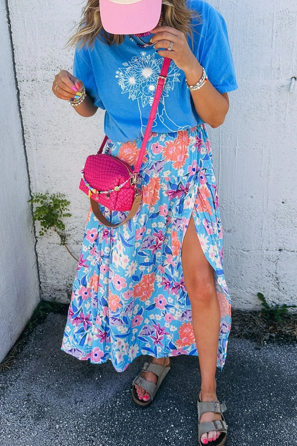 Floral Printed High Waist Split Skirt