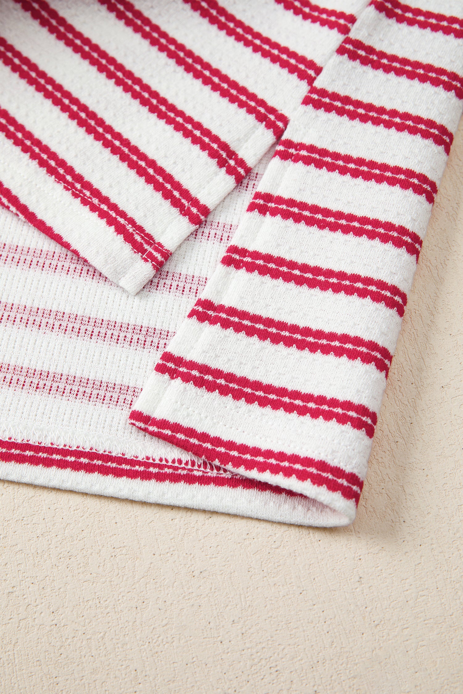 Red Stripe Textured Knit Button Detail Short Sleeve Casual Tee