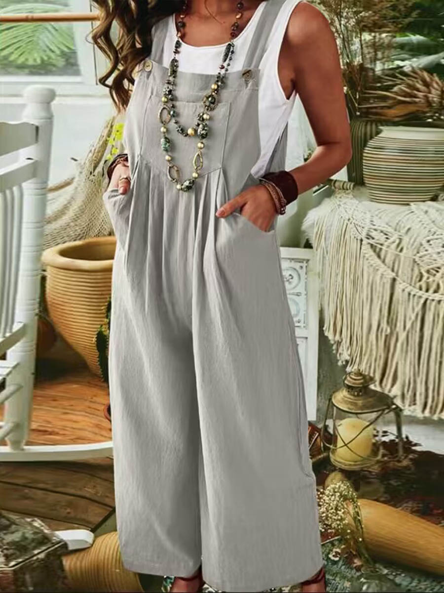 Women's Solid Color Sleeveless Pocket Casual Linen Cotton Bib Wide Leg Jumpsuit