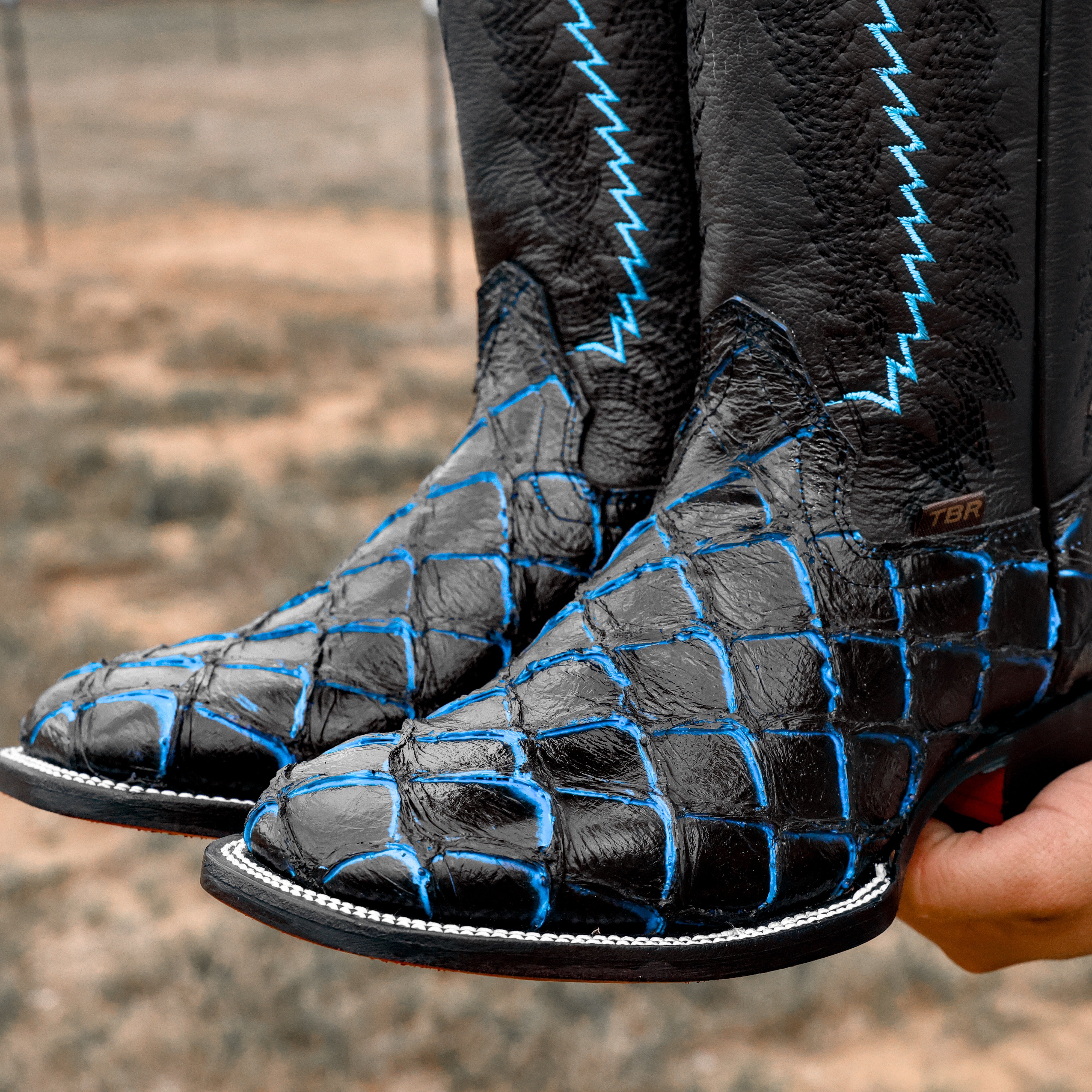 Midnight Blue Pirarucu Leather Boots - Square Toe