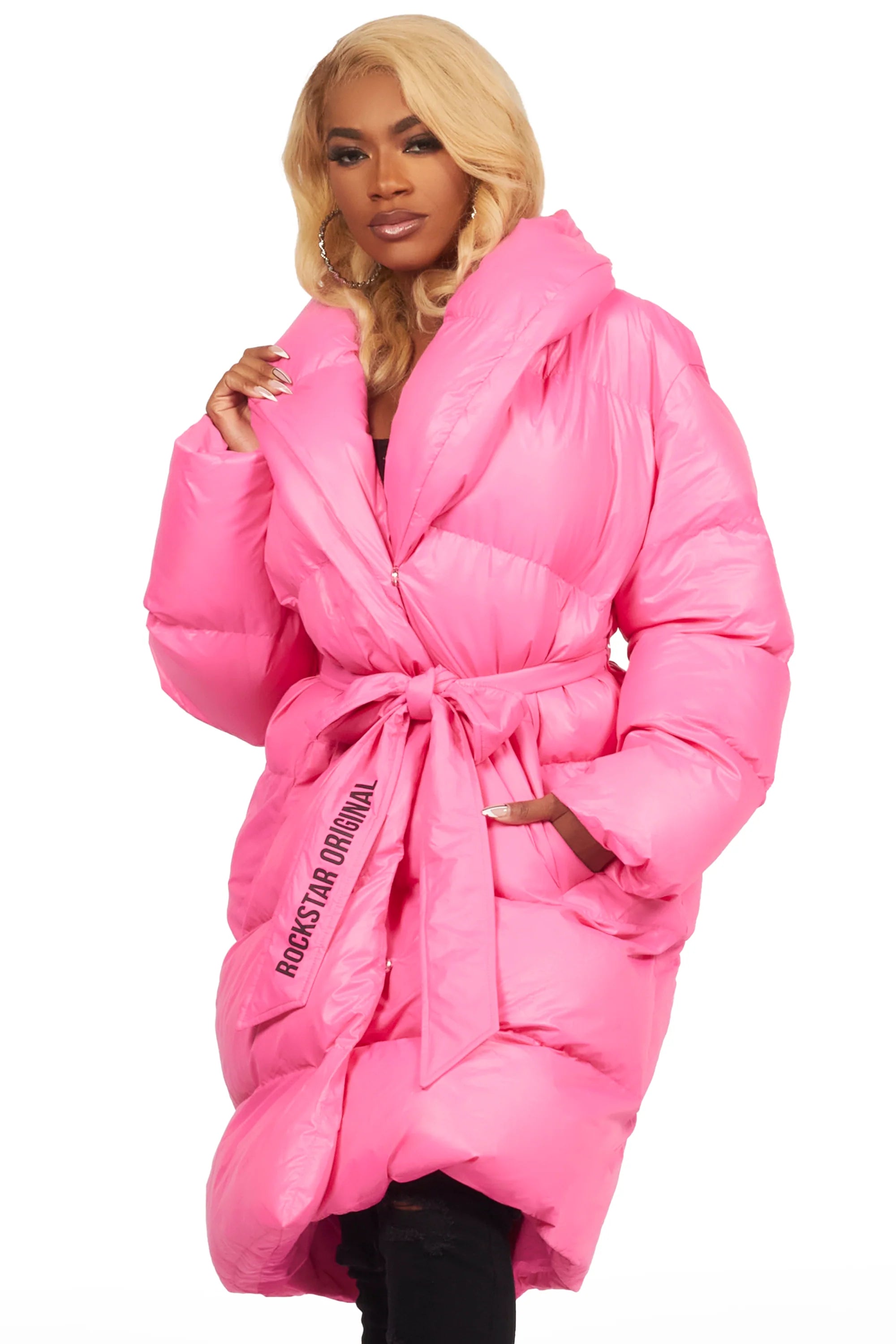 Sehrazat Hot Pink Long Wrap Puffer Jacket