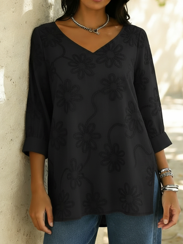 Casual Loose-fitting Floral Embroidery Cotton Shirt Blouse