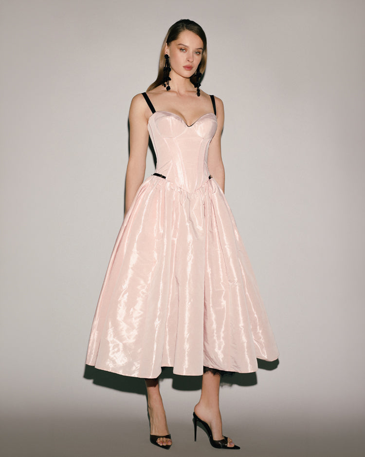 Misty Rose Corset Midi Dress with Contrast Details