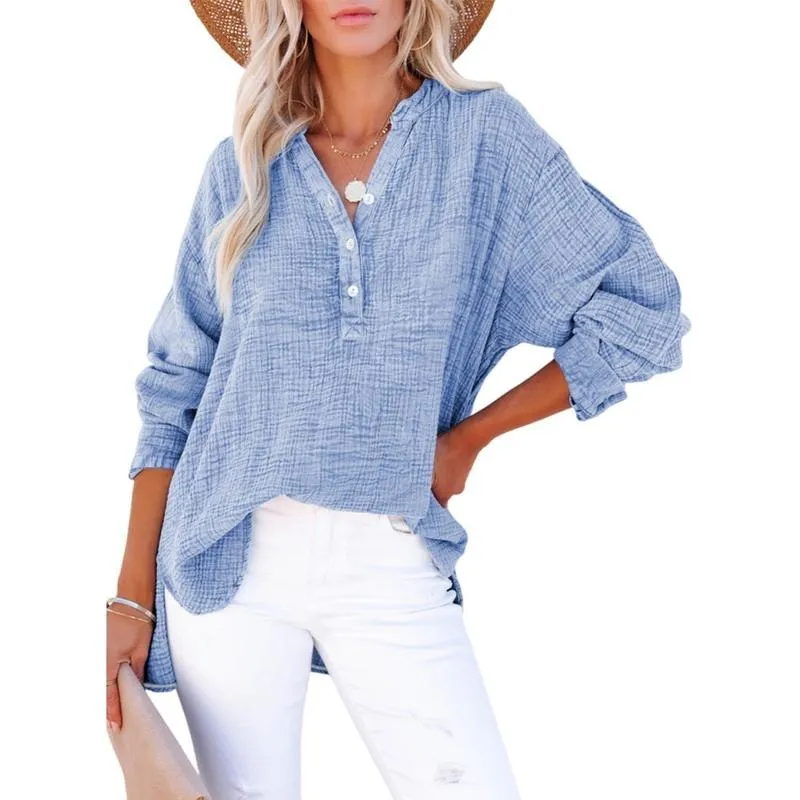 Women's Casual Button V Neck Long Sleeve Shirts Oversized Solid Blouses Tops