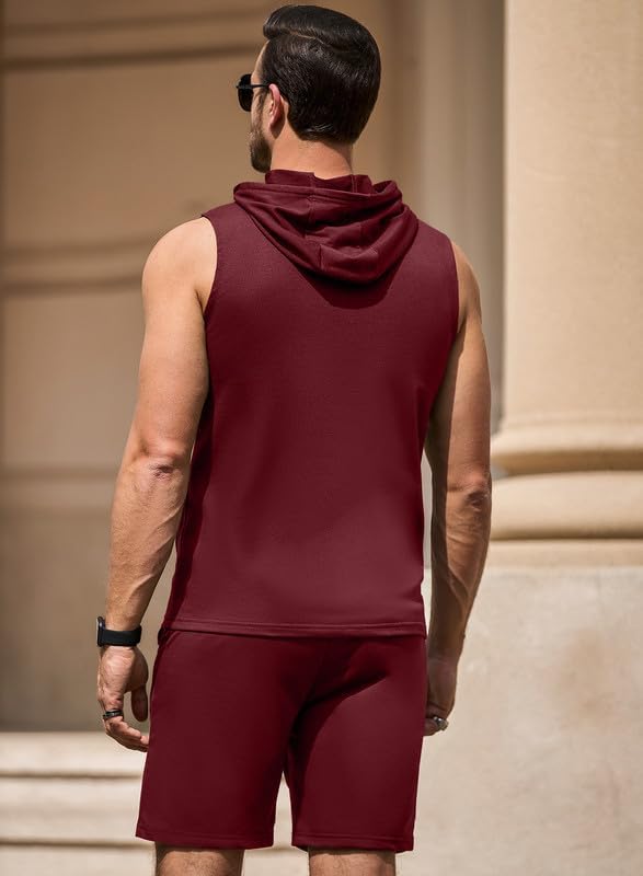 Men's Hoodie Short Set Workout Hooded Tank Top Solid Color 2 Piece Outfit Summer Sleeveless Tracksuits