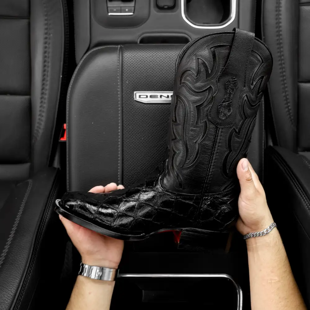 Total Black Pirarucu Leather Boots - Square Toe