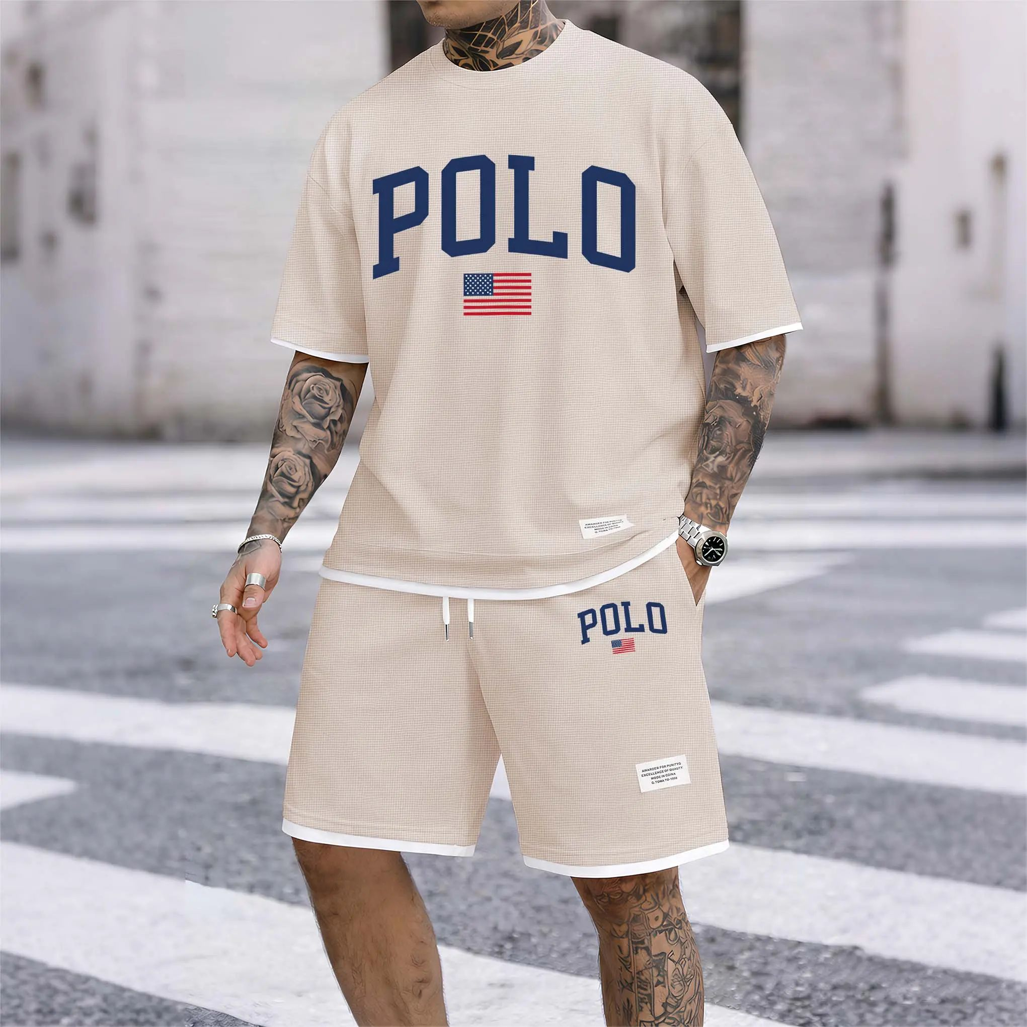 Men's Polo Print Drawstring Shorts Set For Spring/Summer