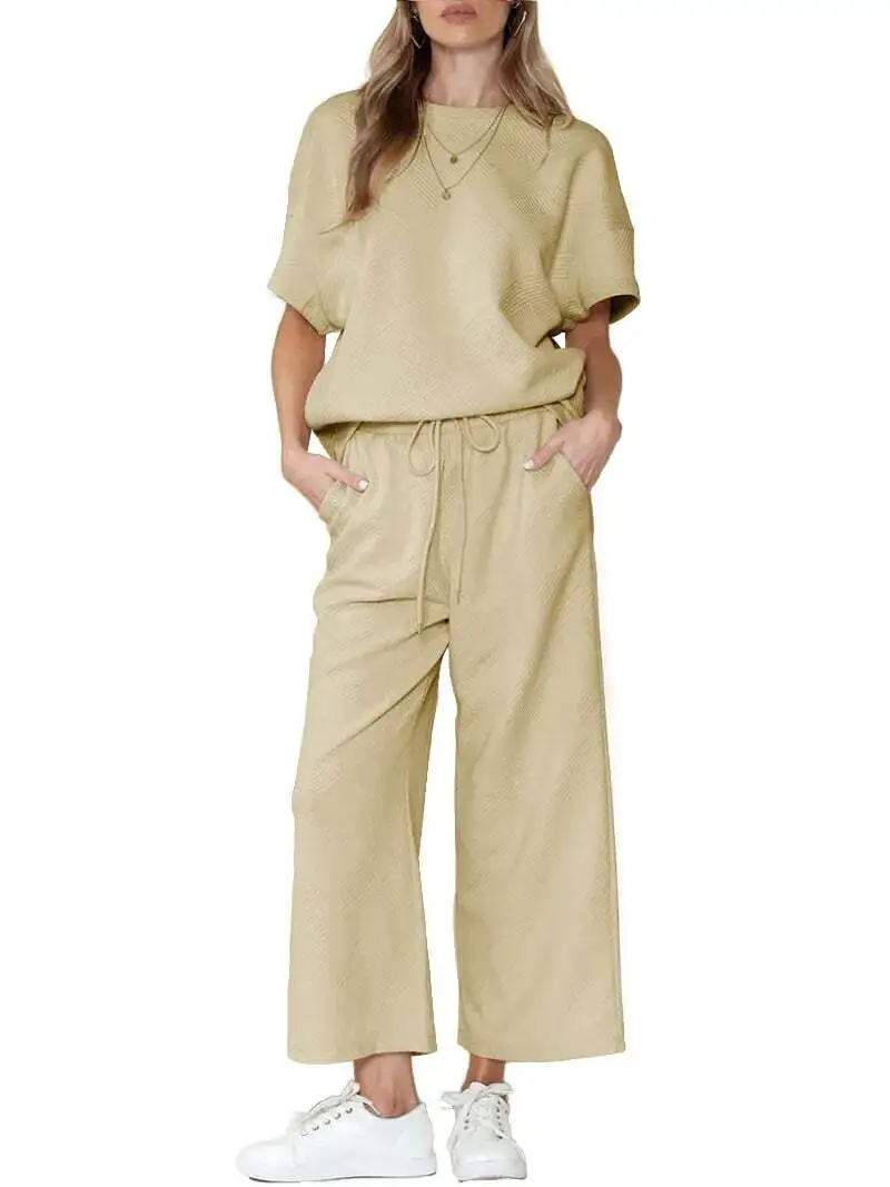 ⏰Women's Textured Loose Fit T Shirt and Drawstring Pants Casual Set