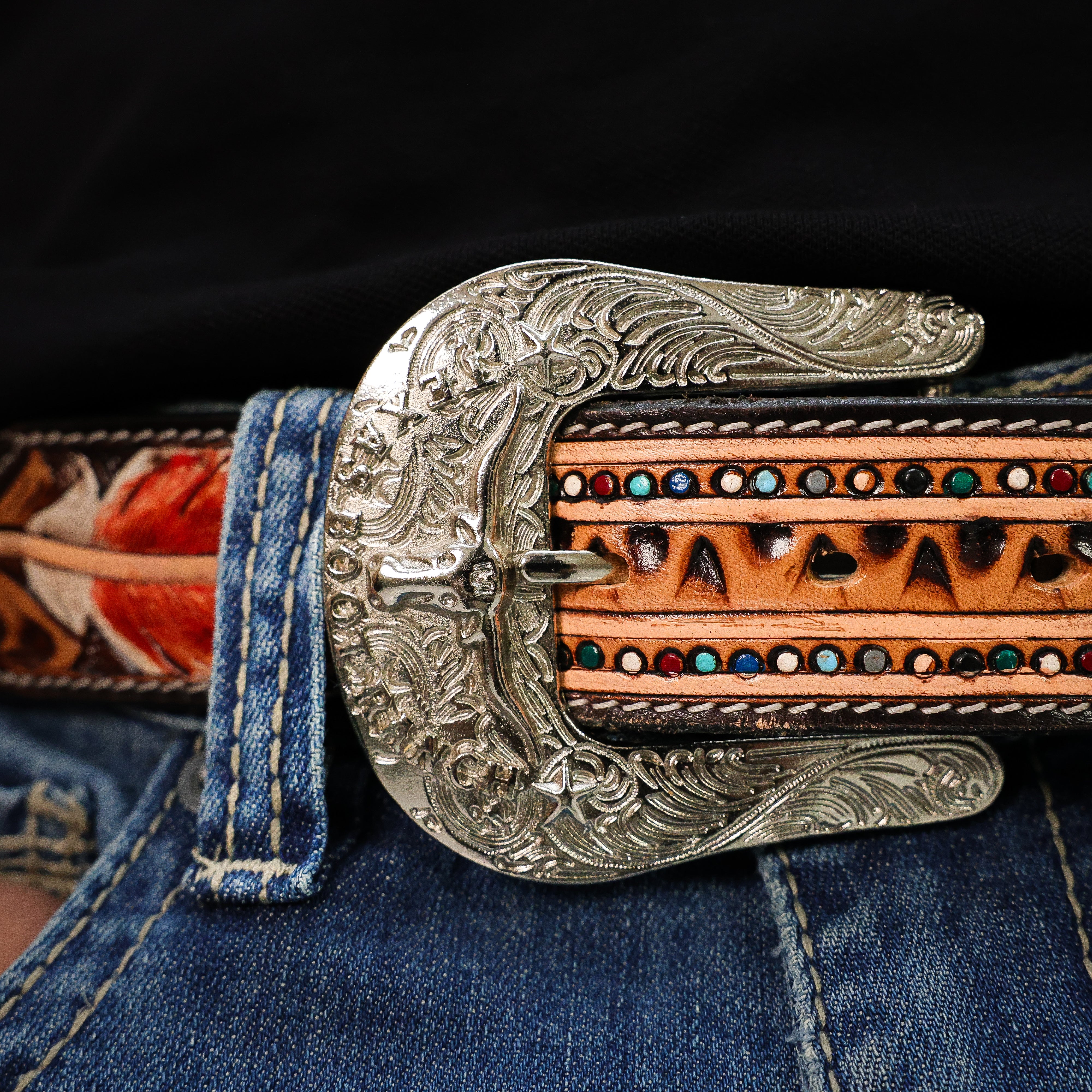 Hand-Tooled Artesanal Beaded Leather Belt