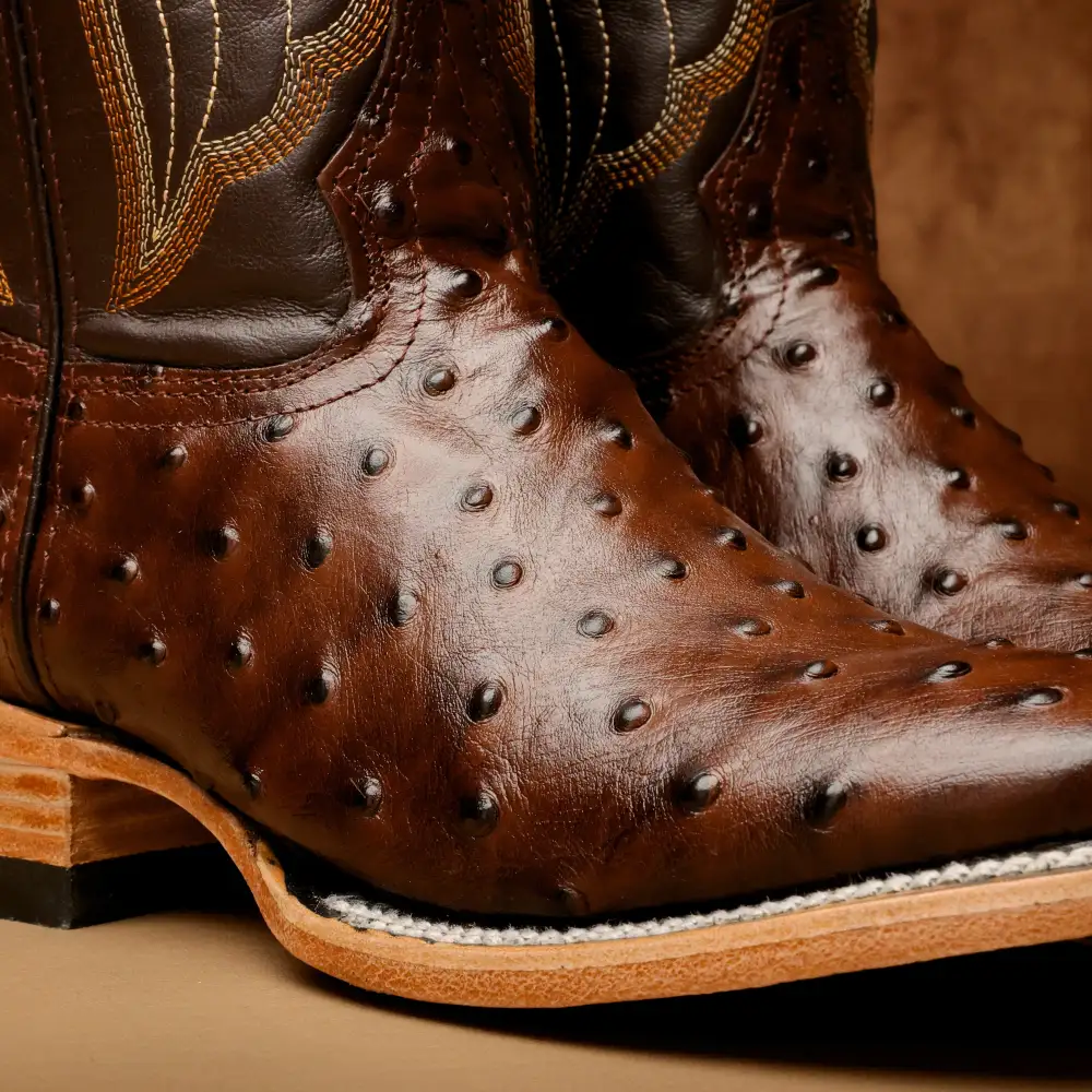 Chocolate Brown Ostrich Leather Boots - Square Toe