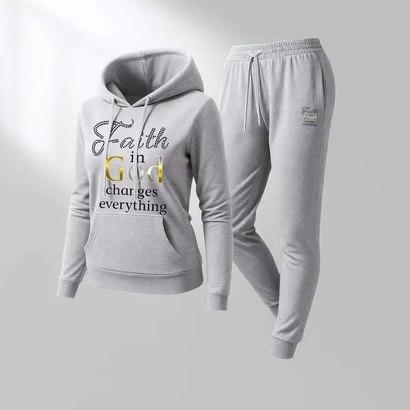 Women'S God Letter Print Hoodie And Drawstring Track Pants Set