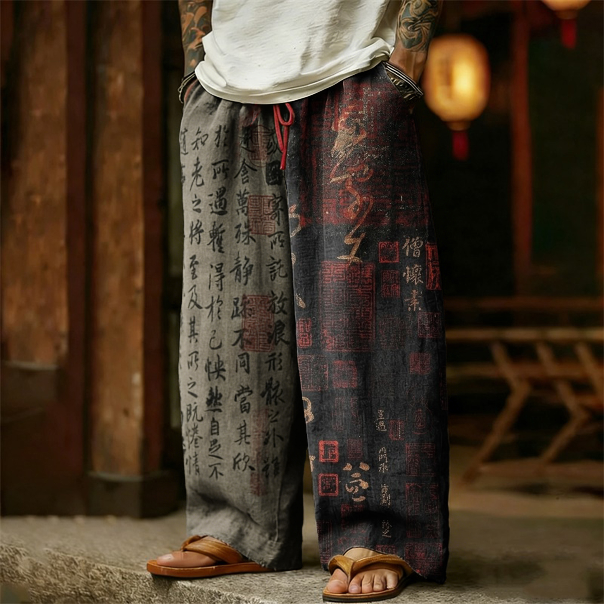 Men's Retro Calligraphy Art Contrast Color Design Linen Pants