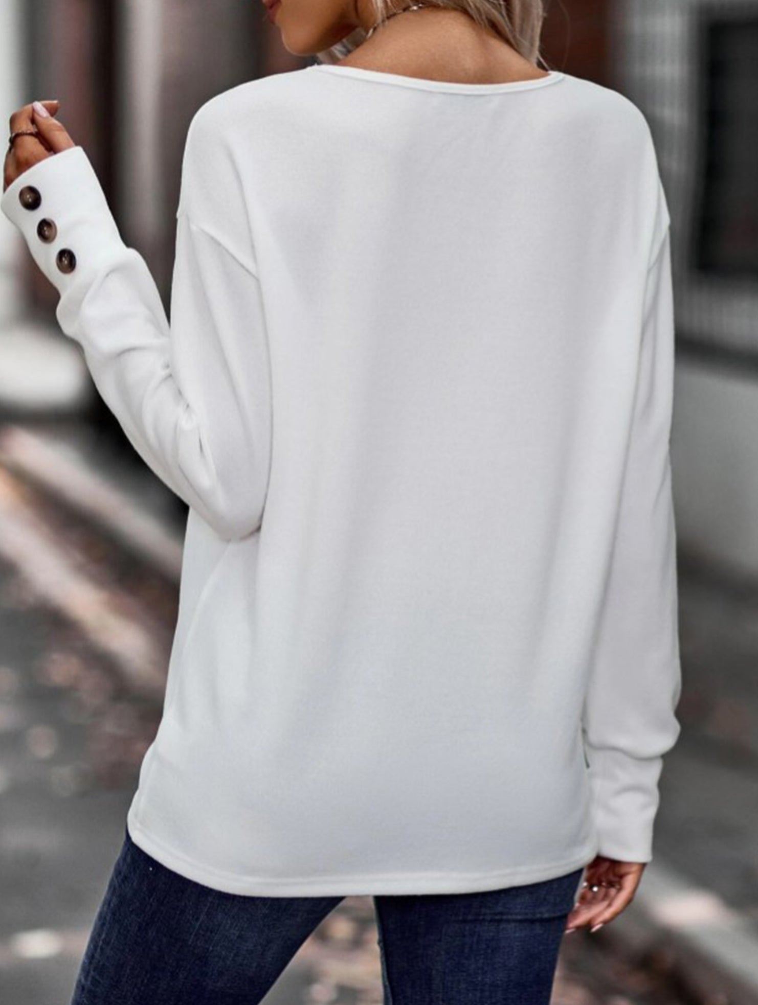 Solid V Neck Button Loose Long Sleeve Tee_CWTTL01231