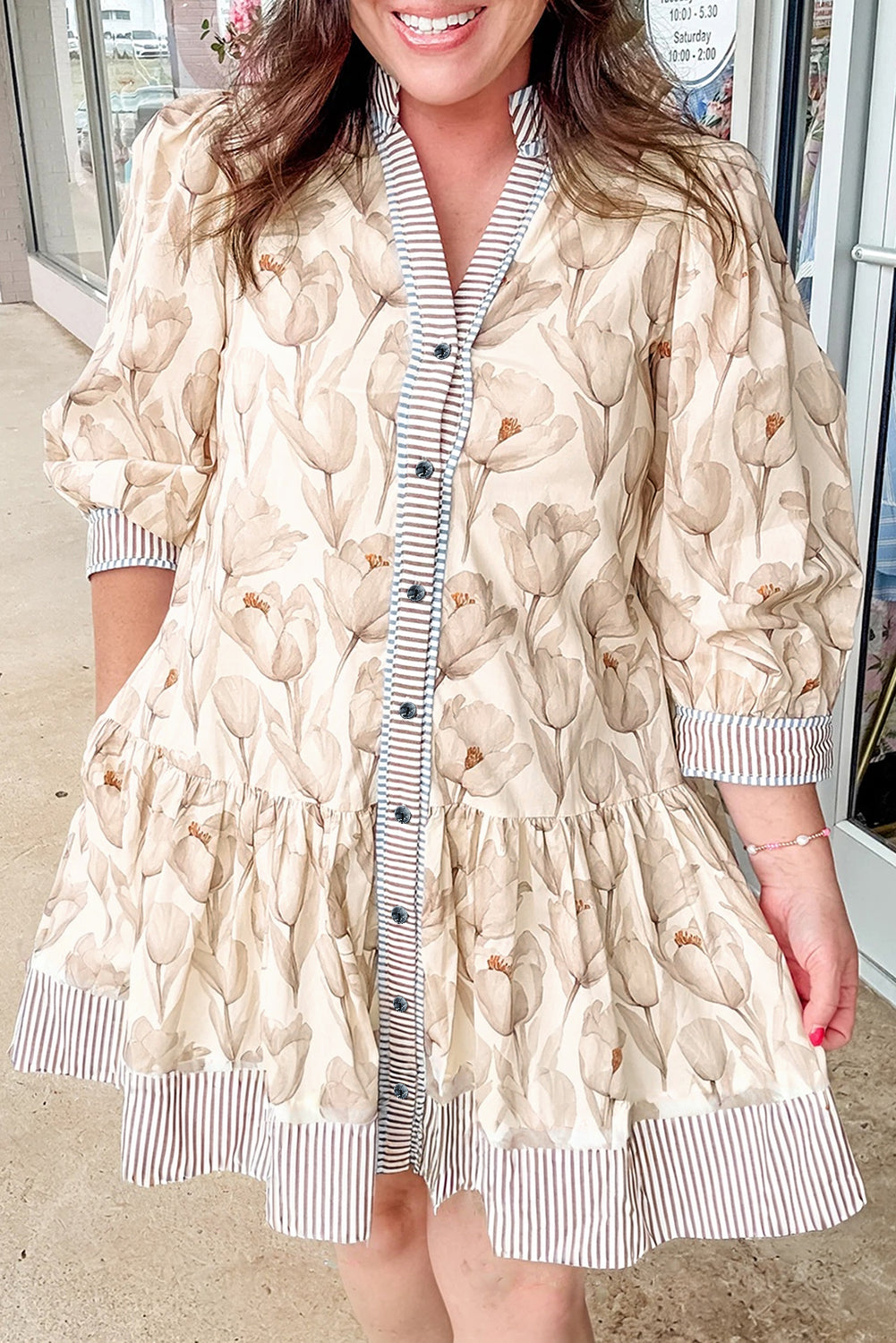 Khaki Plus Size Floral Striped Trim Patchwork Button Down A-line Dress