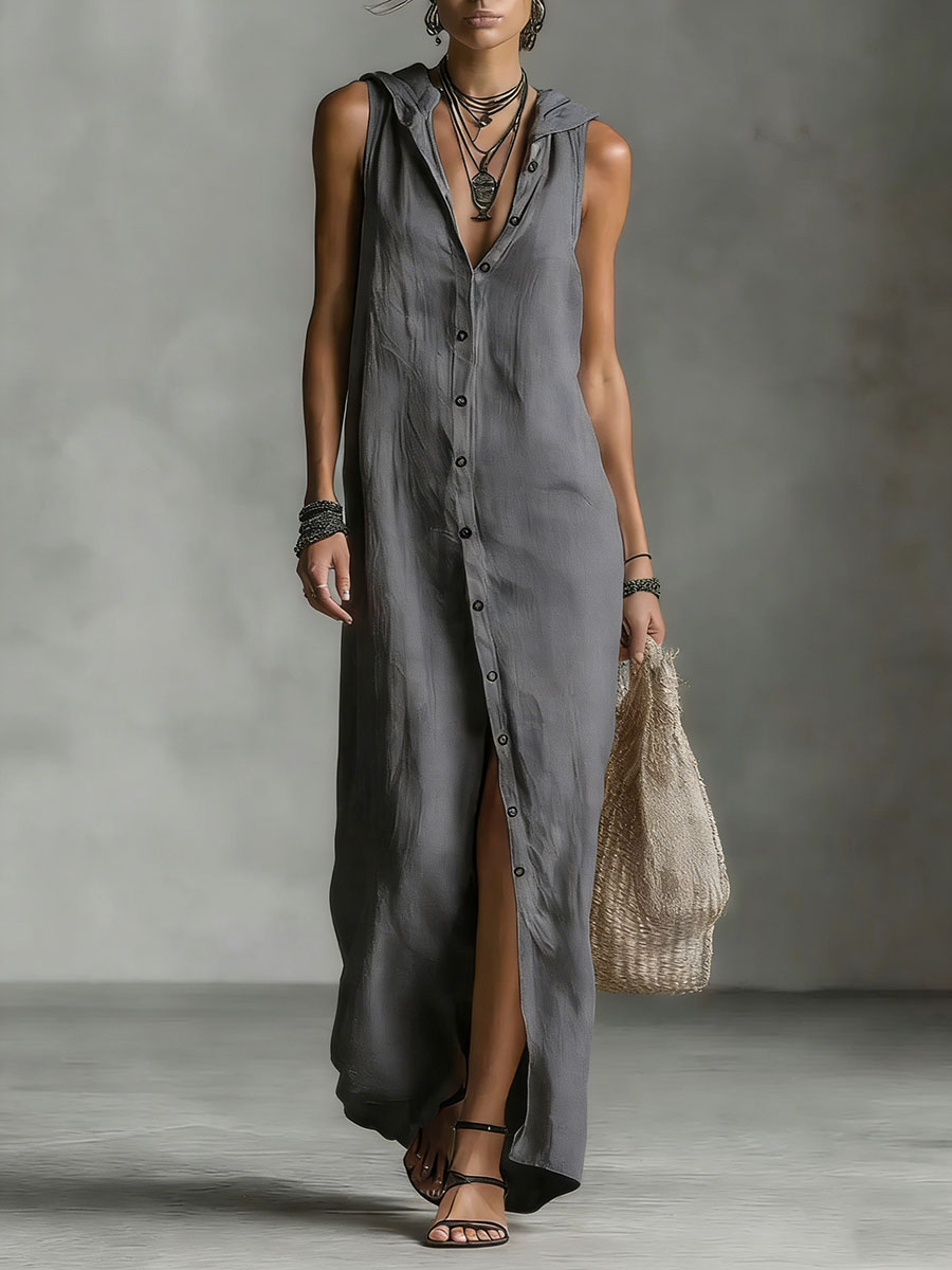 Women's Retro Hooded Solid Color Long-sleeved Cotton Linen Dress