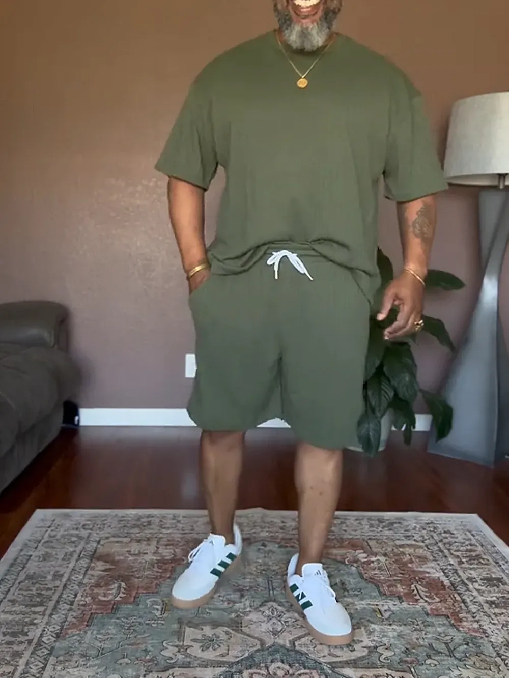 Men'S Solid Color Textured T-Shirt & Pants Set