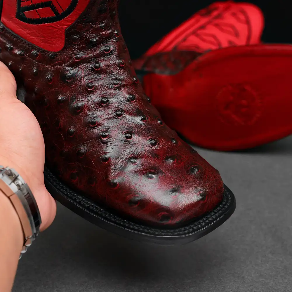 Black Cherry Ostrich Leather Boots - Square Toe