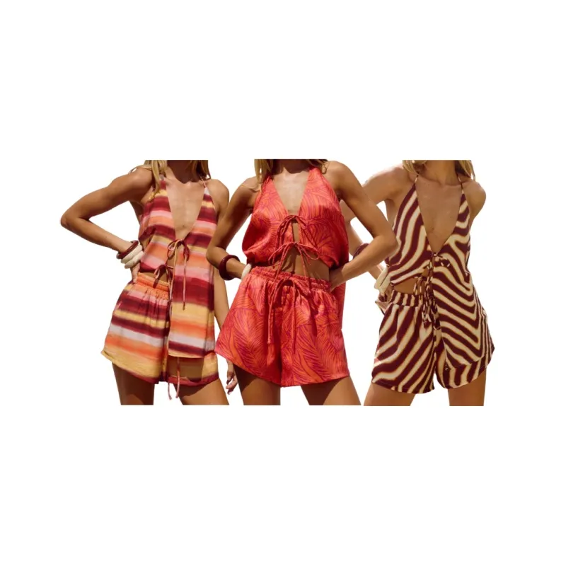 Tree & Stripes Print Tie-up Vest & Shorts