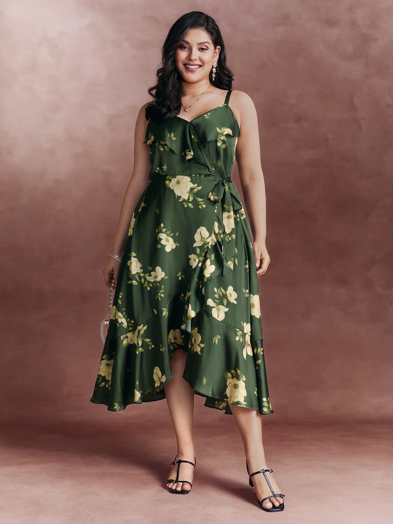 Floral Ruffled Wrap High-Low Hem Midi Dress