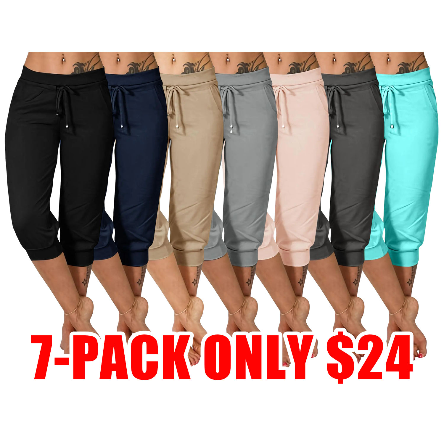 Women's Plain Drawstring Waist Capris Pants, Casual Pocket Trousers for Daily Wear, Ladies Bottoms for All Seasons