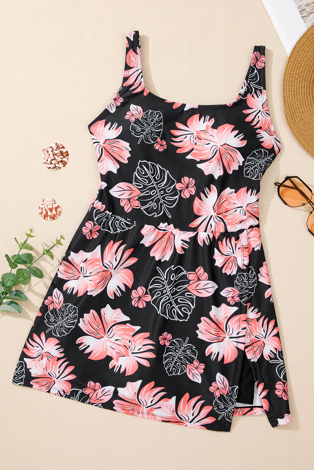 Black Floral Print Twisted Hollowed Back Swim Dress