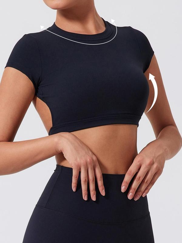 Women’s Backless Crop Gym Top — Short Sleeve Active Tee