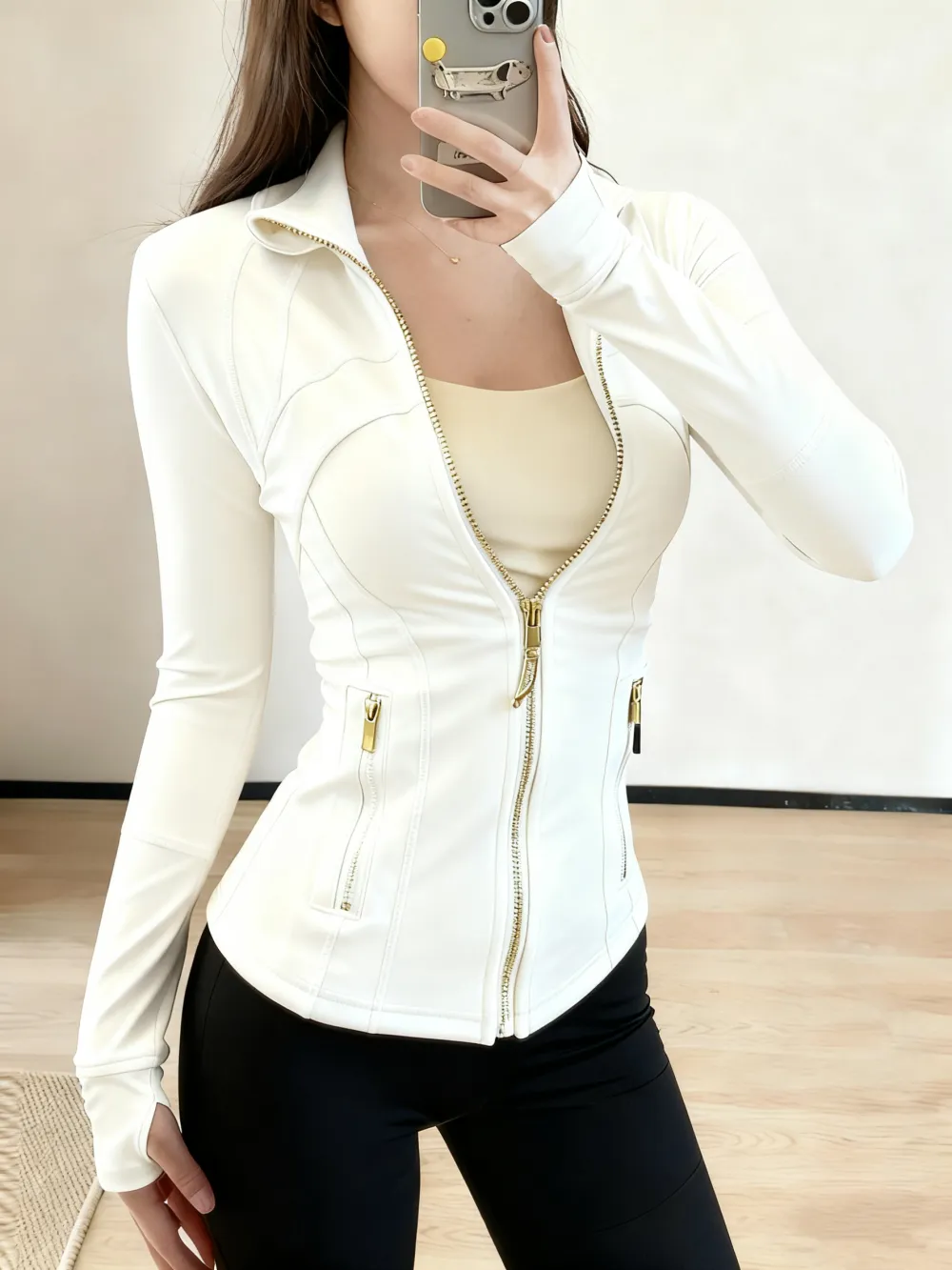 Women's Yoga Suit Gold Zipper Stand Up Collar Slimming Fitness Jacket