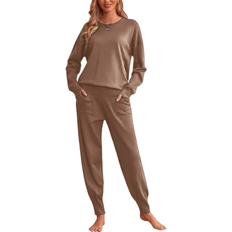 Women's Long Sleeve Knit Loungewear Set Jogger Pants Outfit