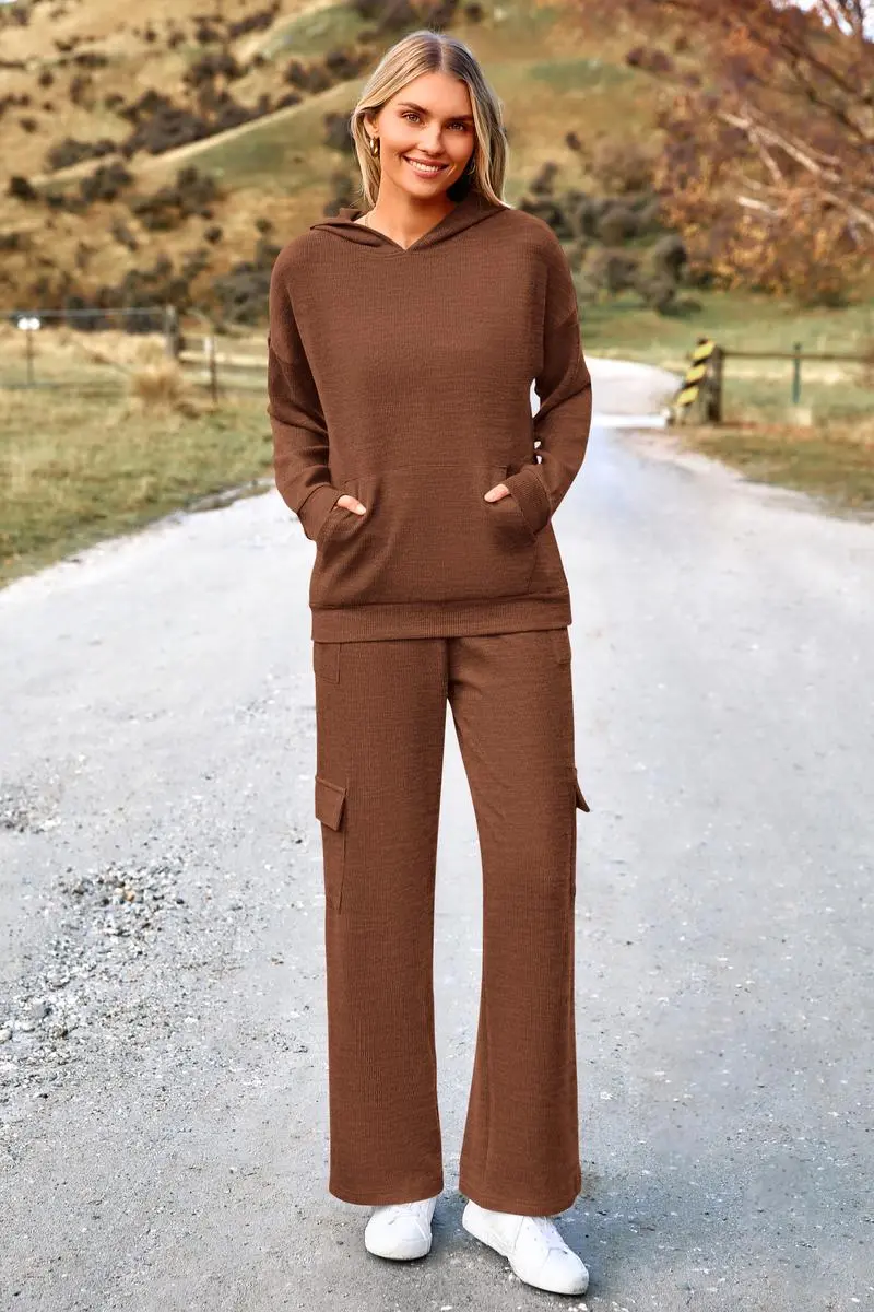 Women's Fall Knitted Hoodie Tracksuits Wide Leg Pants With Pocket Sets