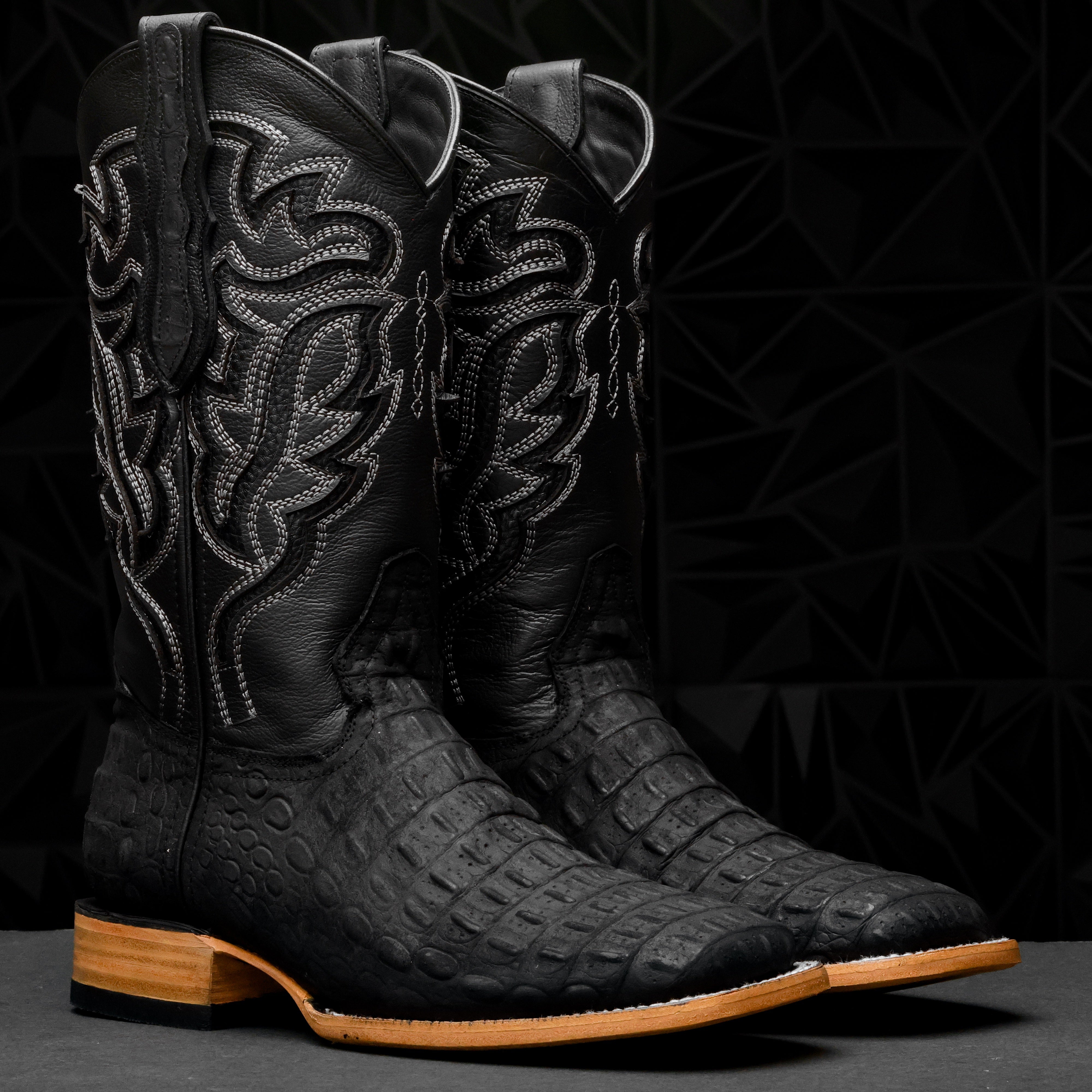 Matte Black Caiman Hornback Leather Boots - Square Toe