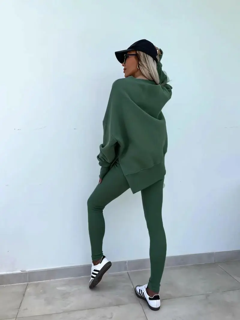 Women's Solid Long Sleeve Pullover & Leggings Sports Set