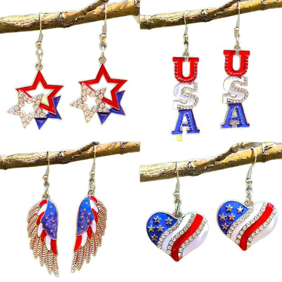 Women'S Independence Day 250Th Anniversary Celebration Flag Earrings Love Pentagram Alloy Drip Oil Pendant Earrings