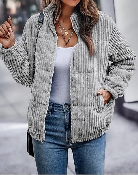Women's Bomber Jacket Corduroy Ribbed Quilted Zip Up Long Sleeve Winter Coat Fall Outerwear Tops with Pockets