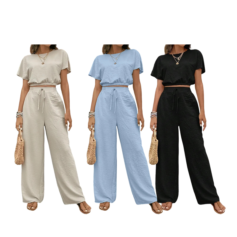 Women's Solid Color Rib-Knit Top & Wide Leg Pants Lounge Set