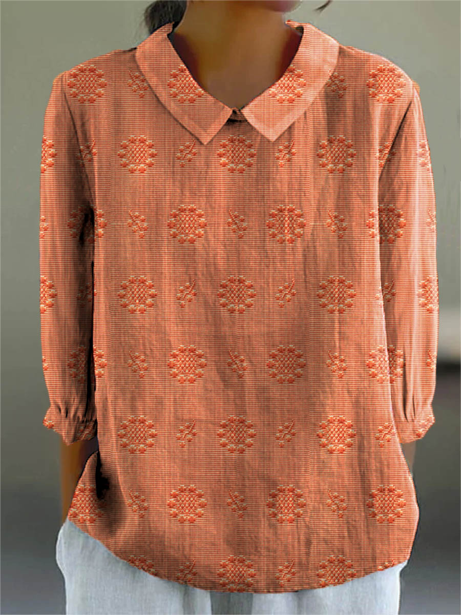 Women's Vintage Floral Art Print Casual Cotton And Linen 3/4 Sleeve Shirt