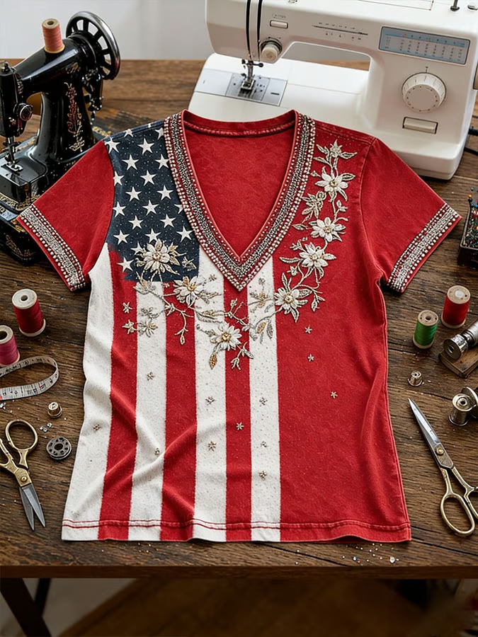 Women'S V-Neck American 250 Celebration Printed T-Shirt