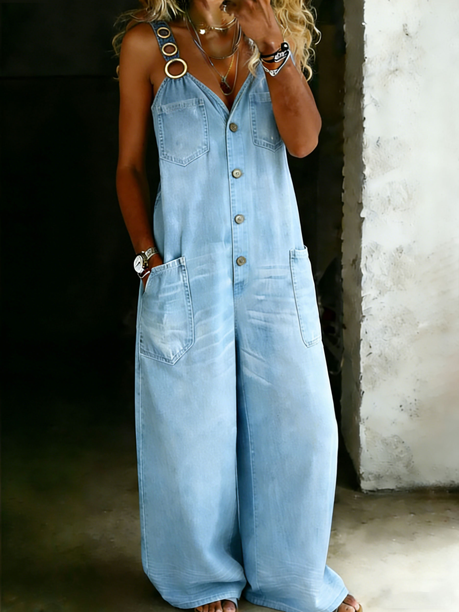 Women’s Stylish Cotton One Piece Shirt Denim Jumpsuit