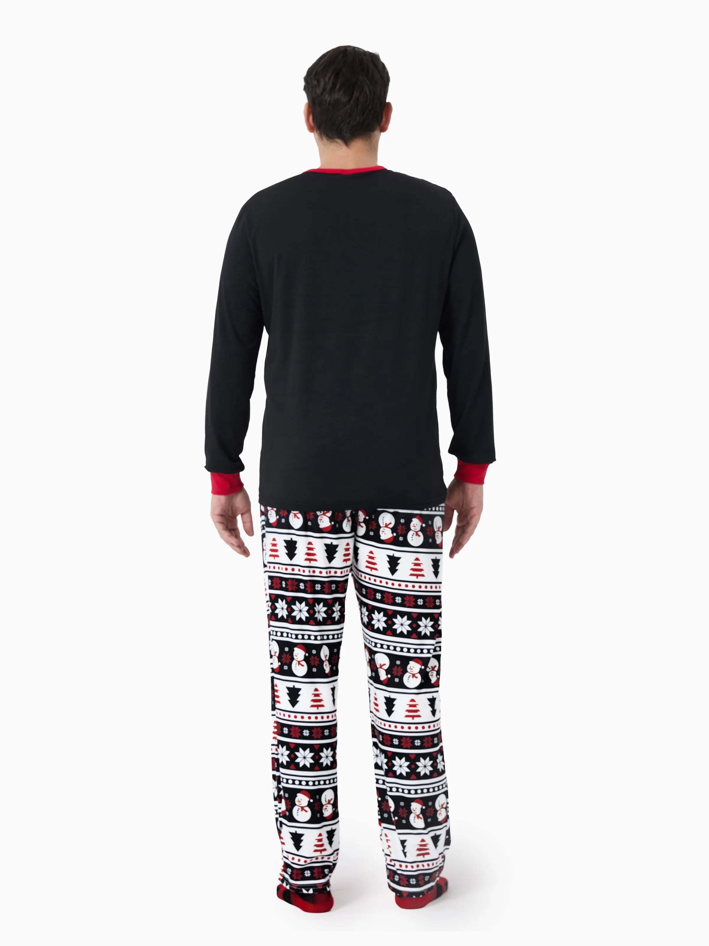 Christmas Matching Family Pajamas Set Snowman and Christmas Tree Print Black PJS with Christmas Socks Black