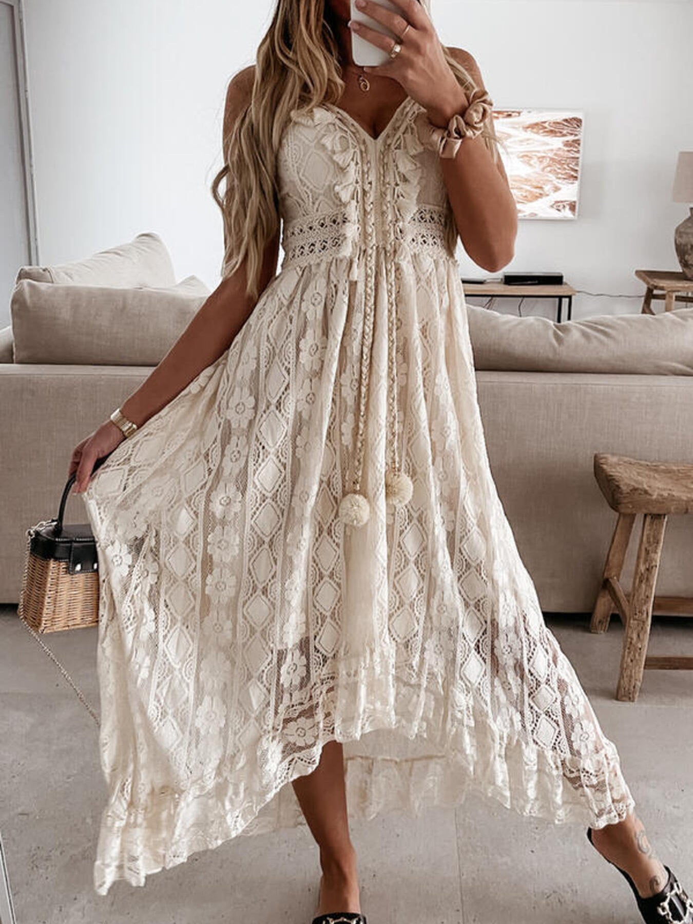 Plus Size Ruffled Lace V-Neck Maxi Dress