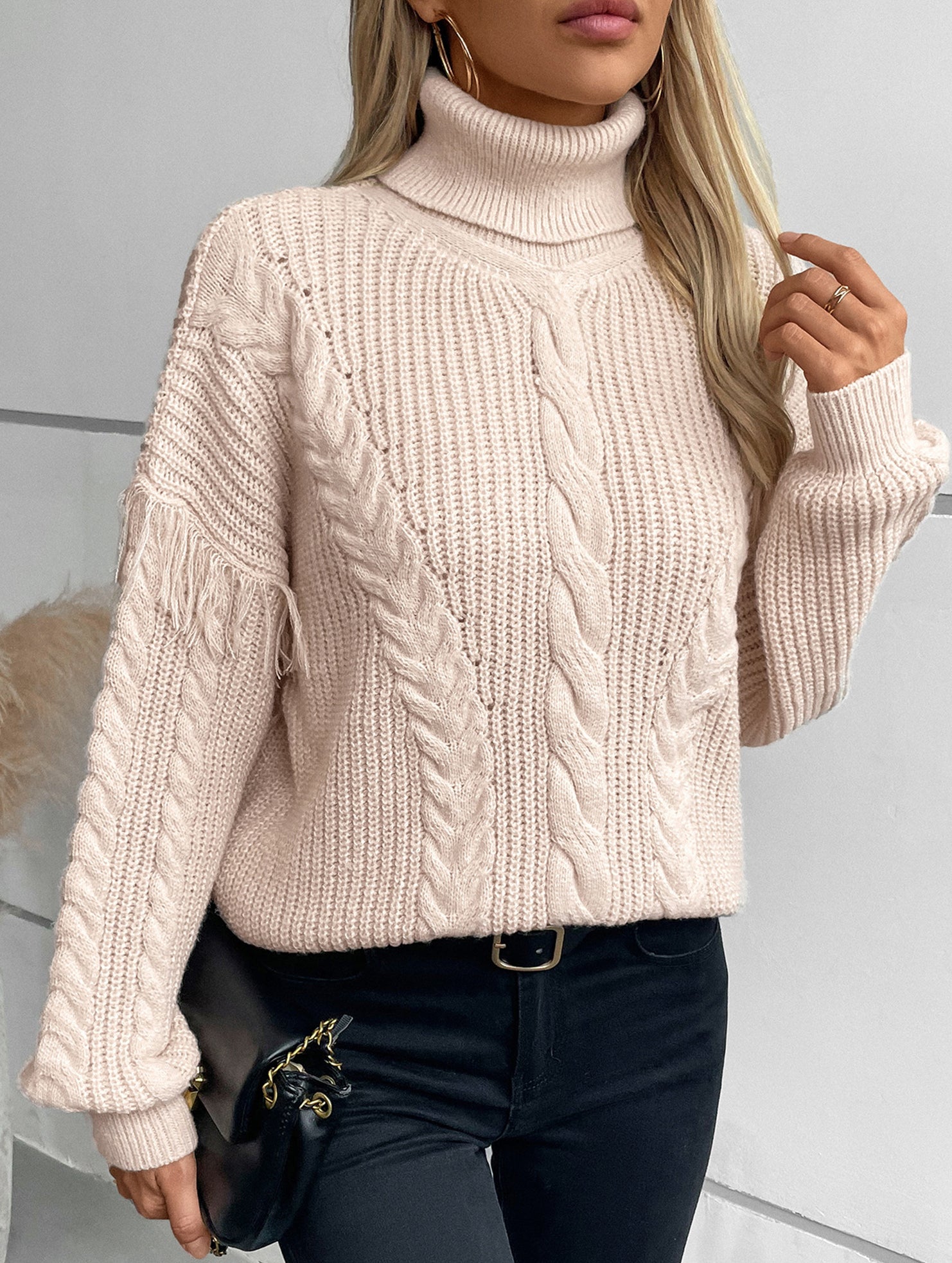 Fringe Cable Knit Collar Pullover Sweater