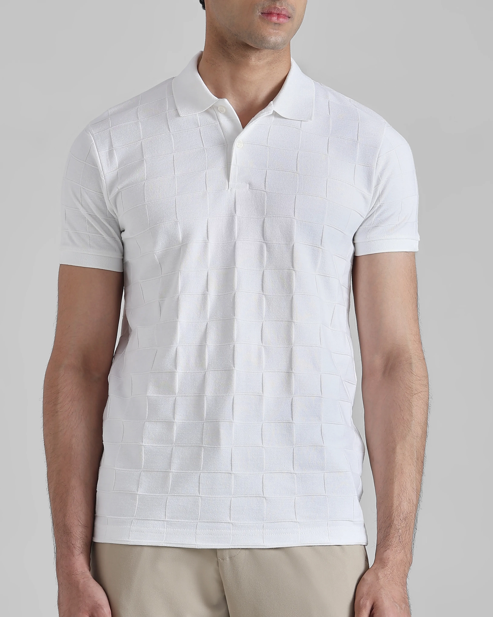 Casual Minimalist White Plaid Texture Polo Shirt