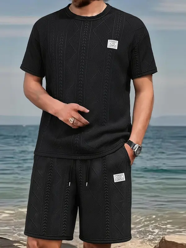 Men’s Summer 2-Piece Casual Sports Set – Breathable Jacquard T-Shirt & Shorts