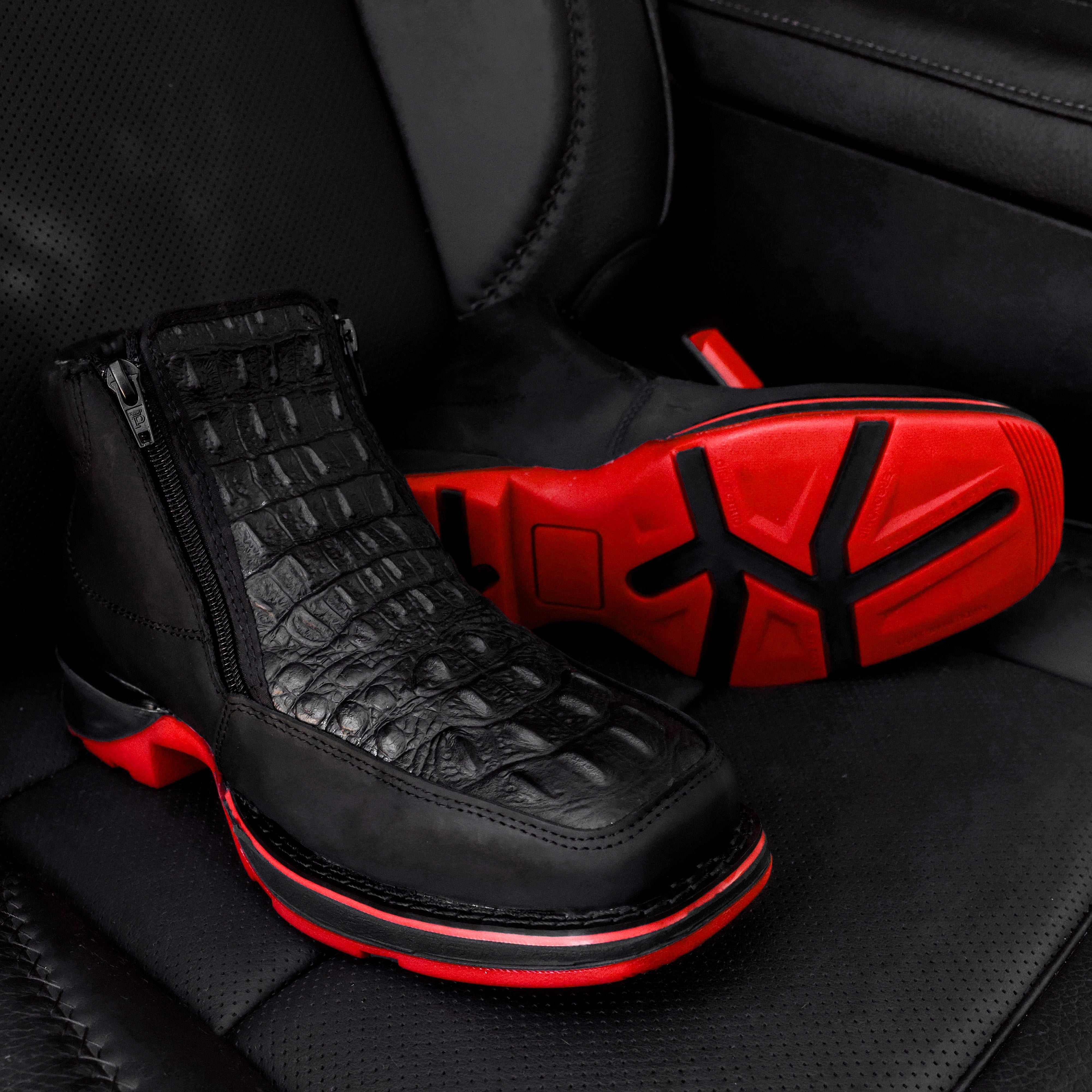 Black Caiman Neck Leather Botin With 3D Lightweight Soles - Square Toe