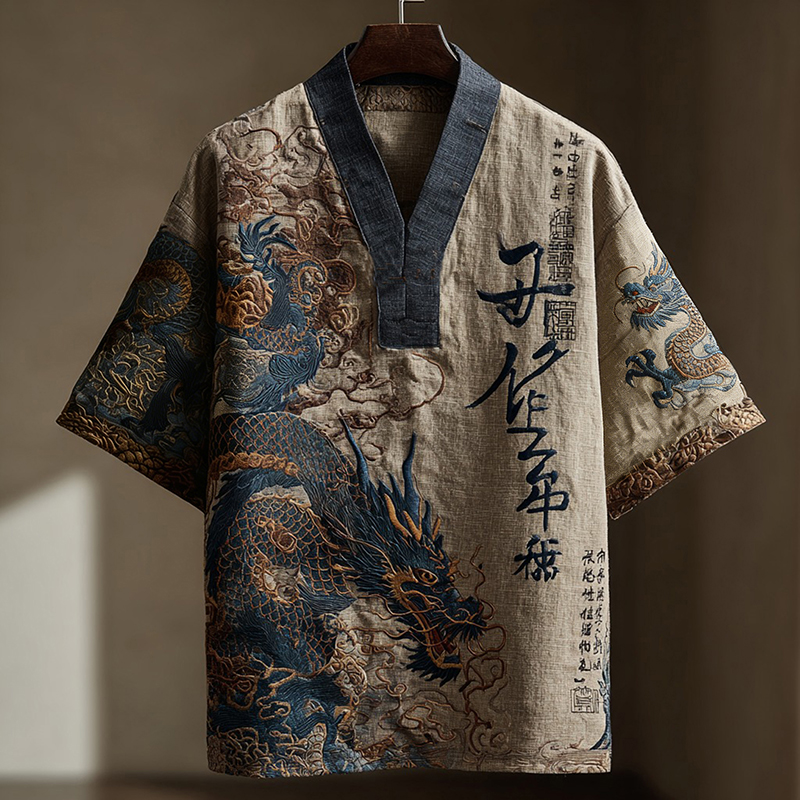 Men's Calligraphy With Dragon Art Print Short Sleeve Shirt
