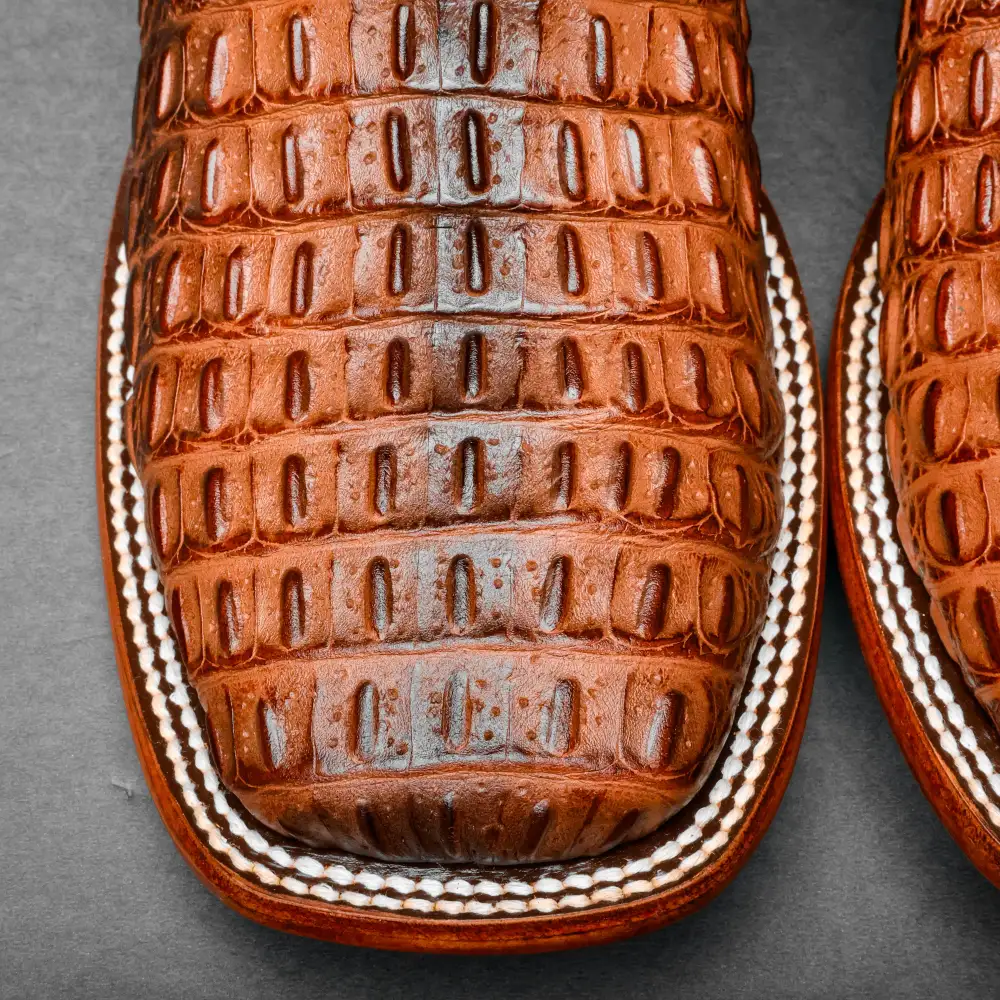 Metallic Cognac Caiman Hornback Leather Boots - Square Toe