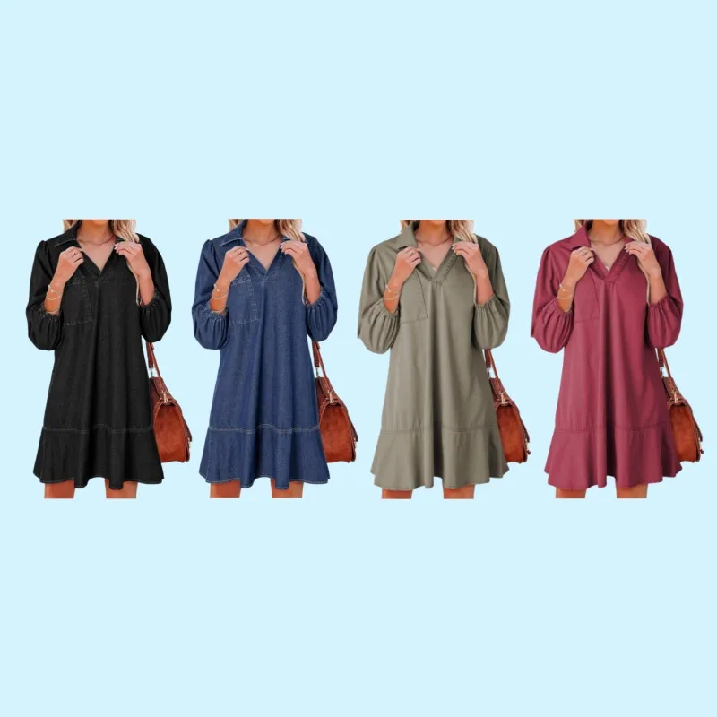 V Neck 3/4 Puff Sleeve Jean Dresses