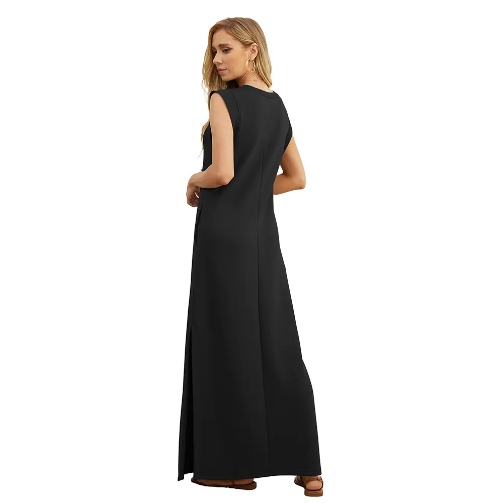 2026 Women Summer Round Neck Casual Loose Split Wrinkle-Free Long Maxi Vacation Dress with Pockets