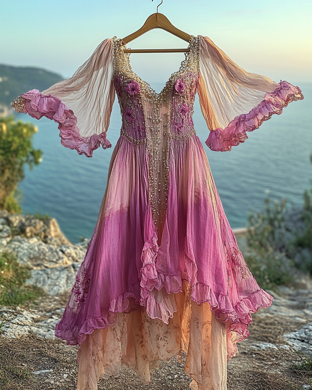 Summer Vacation Floral Embroidery Sequins Beaded Ruffle Dress a3cd